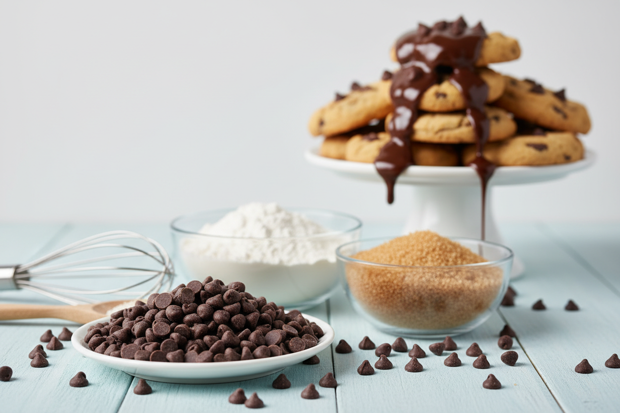 baking ingredients including chocolate chips with a light blue background and some stacked cookies in the back with chocolate sauce 